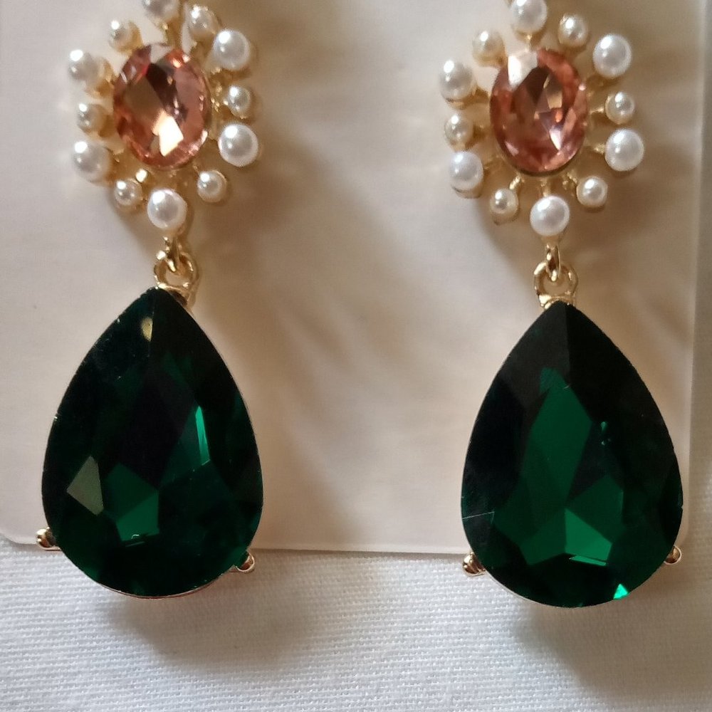 Long Drop Earrings Multi-Color Rhinestones Pierced - Picture 2 of 7